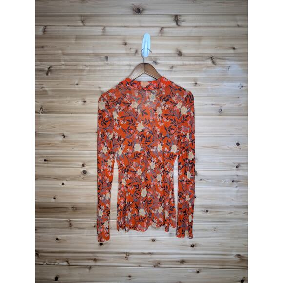 Free People Top Womens Small Orange Floral Mesh Button Front Fitted Blouse Boho - Picture 4 of 10
